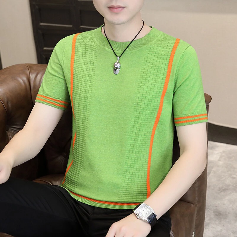【高品质】2025春季男线条短袖打底衫针织T恤圆领男士休闲百搭个性