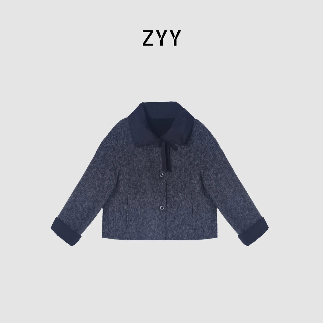 ZYY【蓝色土耳其】2025S/S新品时尚羽绒领拼接呢料大衣X25DDY05159