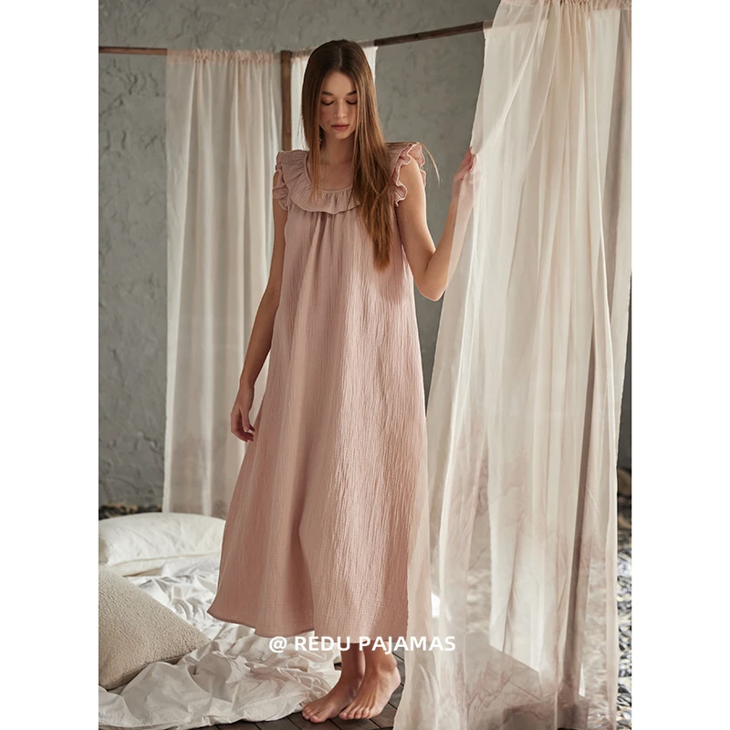 热妒夏季睡裙女纯棉纱布中长裙睡衣带胸垫宽松薄款大码透气家居服