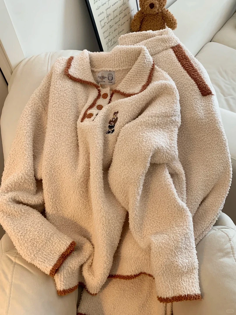 【DMXJ大梦想家】韩系卡通可爱半边绒睡衣女秋冬季慵懒风家居服套装