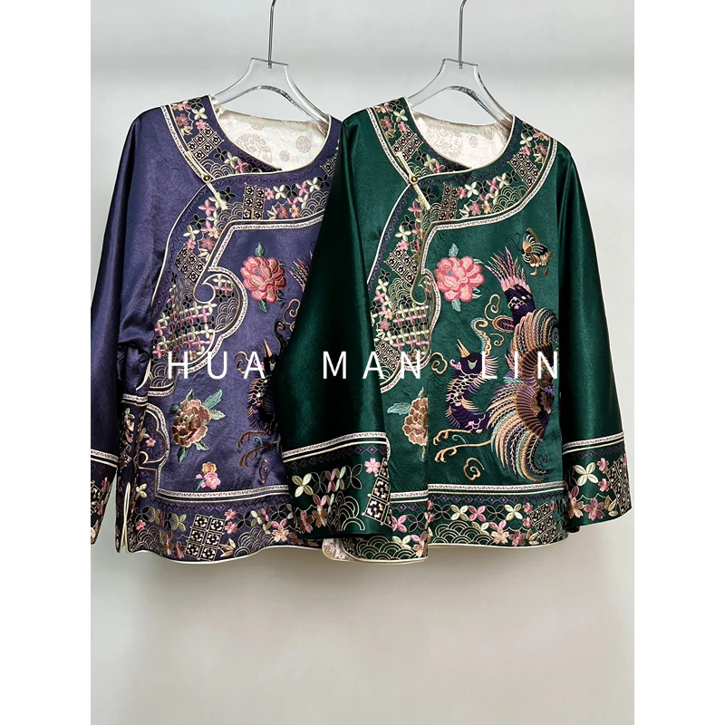 【花滿林】两色圆领重工刺绣盘扣醋酸外套25080