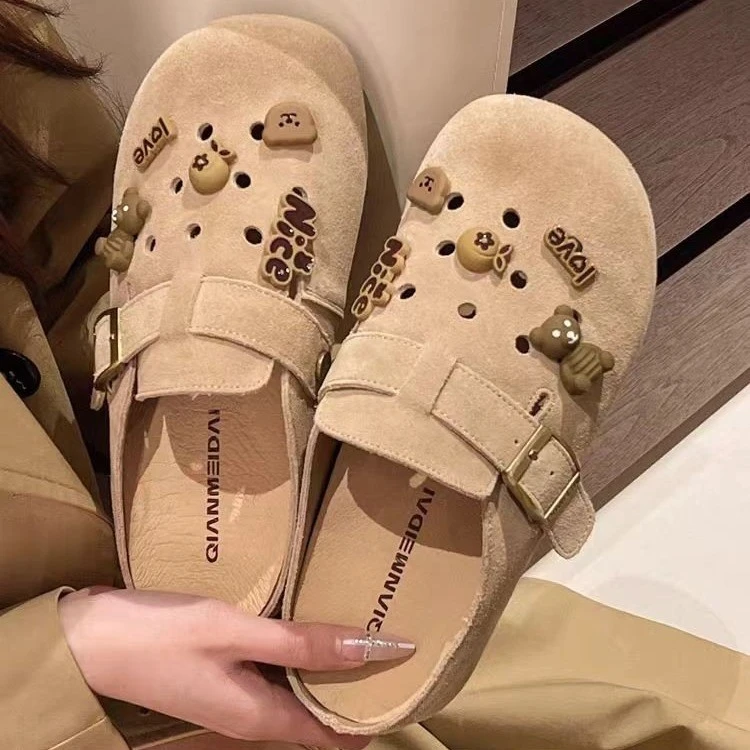 小众复古真皮拖鞋女2025春季新款厚底半包勃肯鞋外穿半拖鞋洞洞鞋