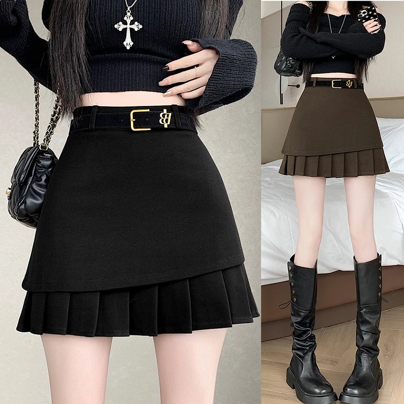 2025秋冬时尚毛呢设计感显瘦高腰百褶a字包臀半身裙防走光安全裤