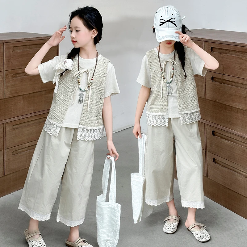 套装韩版夏季纯色女童中大童儿童小香风牛仔网红洋气时尚休闲阔腿