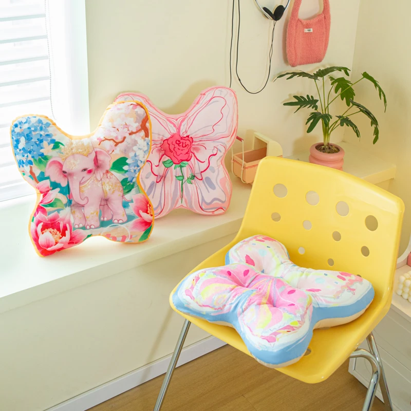 蝴蝶卡通毛绒坐垫办公室学生宿舍久坐防滑靠垫软抱枕垫子加厚防滑