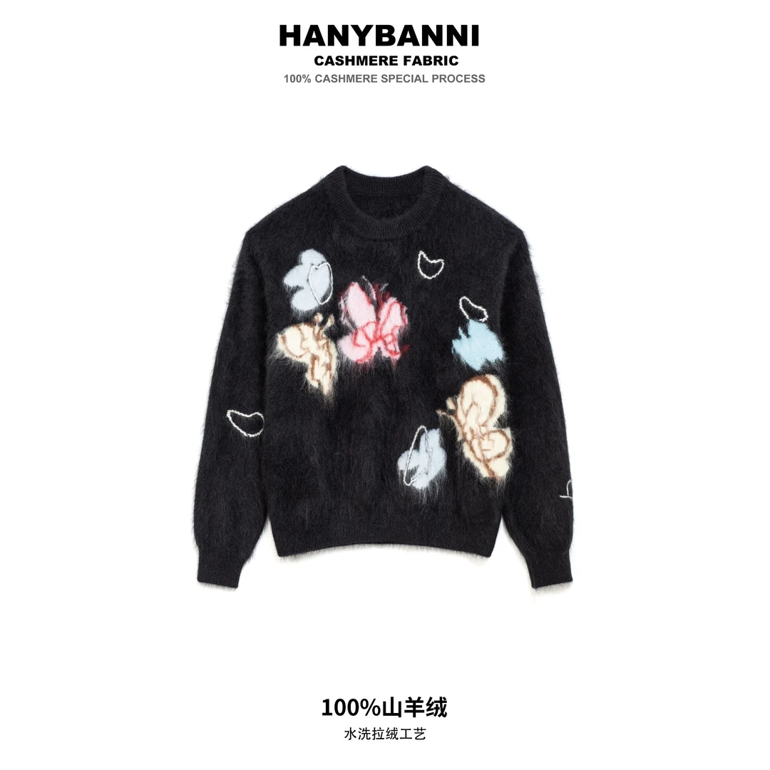 【蝴蝶】100山羊绒拉绒 冬季新款潮牌时尚手工嵌花卡通毛衣SYR514