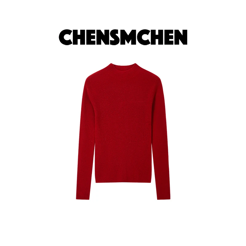 CHENSMCHEN【朱砂】绵羊毛无缝半高领针织衫女百搭打底衫CSZ12111SL