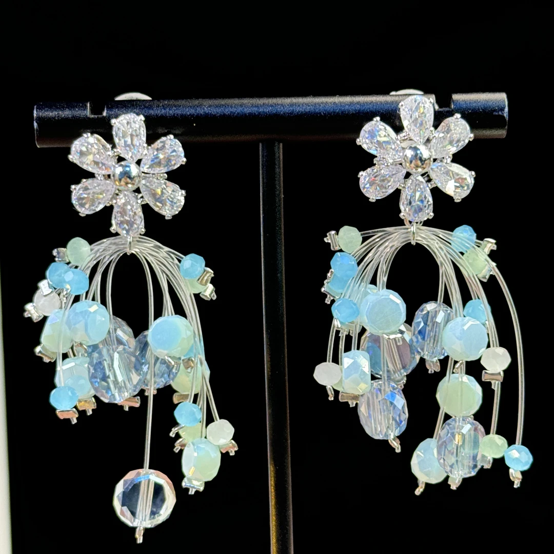 铜合金耳饰 花屿】2025春夏新款锆石花朵长款耳坠超仙气质轻奢耳钉
