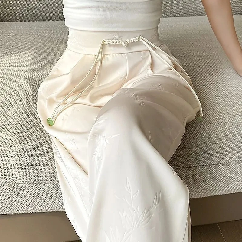 新中式高腰直筒小个子垂感休闲裤缎面提花夏季薄款设计感阔腿裤