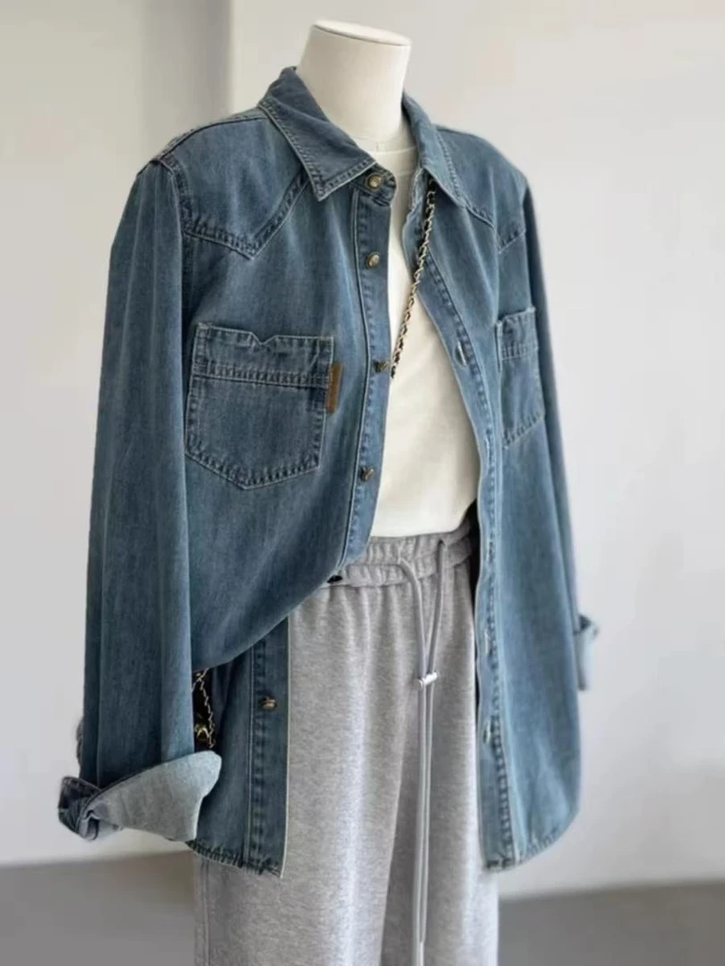 今年流行爆款开春蓝色牛仔衬衫外套女2025新款初春秋叠穿上衣衬衣