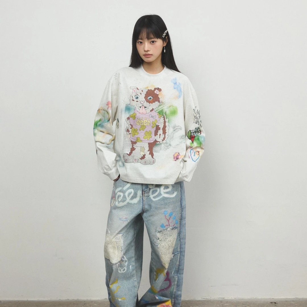 “红陨石”| 小众设计感手绘涂鸦长袖T恤宽松圆领卫衣春新品