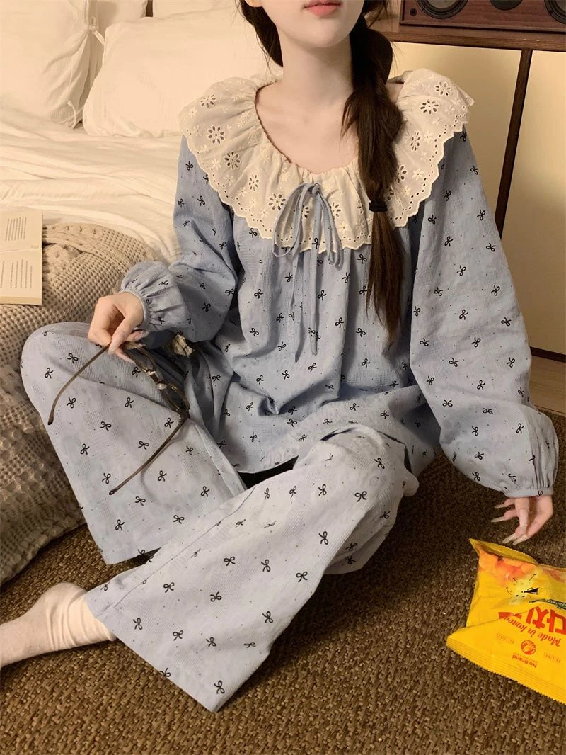 睡衣女春秋季新款甜美蝴蝶结印花ins风少女宫廷蕾丝边家居服套装