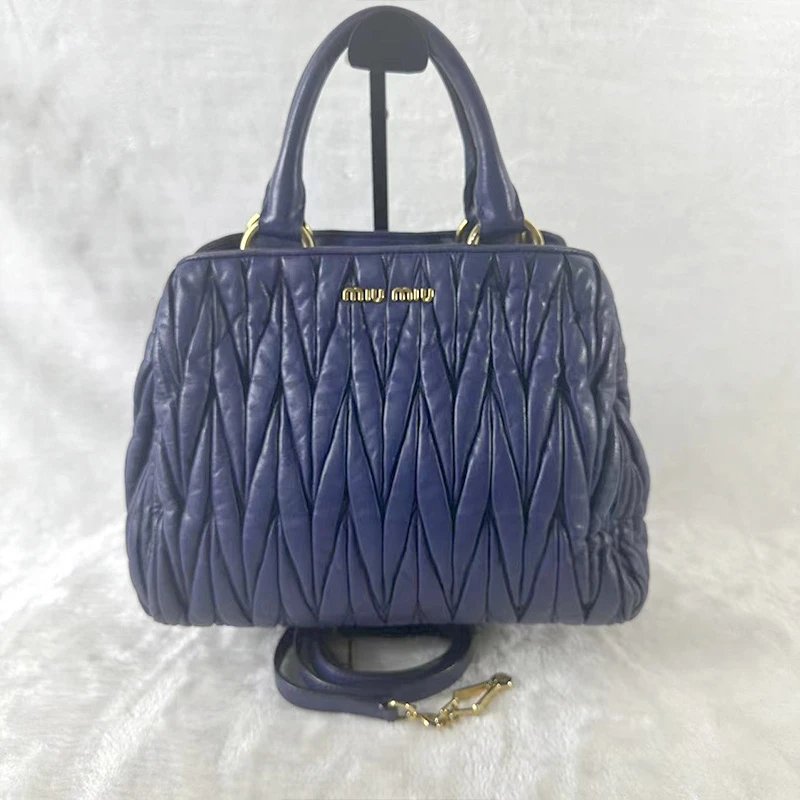 95新 MIU MIU/缪缪 蓝紫色褶皱手提单肩包G24019357底长28*20