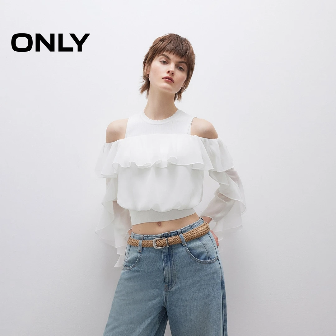 ONLY2025春游出行时尚露肩喇叭袖荷叶边真两件蕾丝衫女|125151006