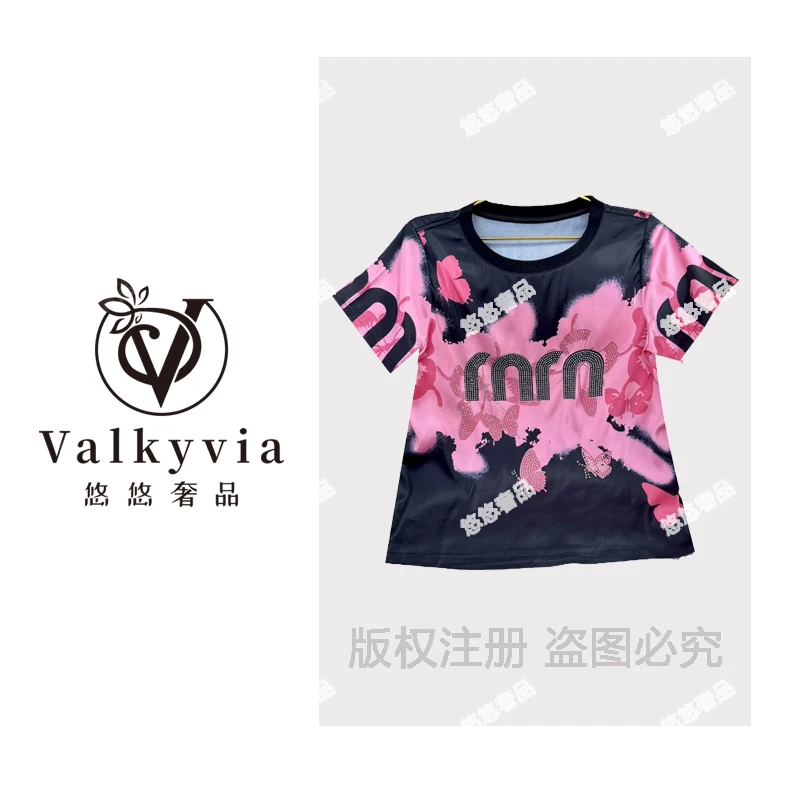 【Valkyvia/悠悠奢品】‘’MM蝴蝶‘’烫钻桑蚕丝上衣 气质欧货印花T恤