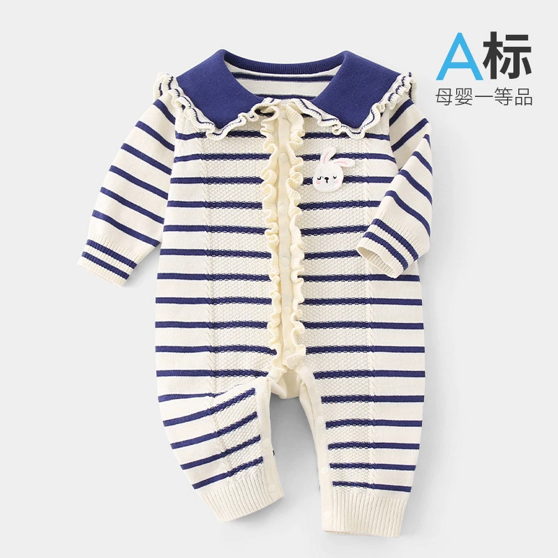 秋季百天宝宝衣服可爱女婴儿针织哈衣0-3个月新生儿长袖连身衣
