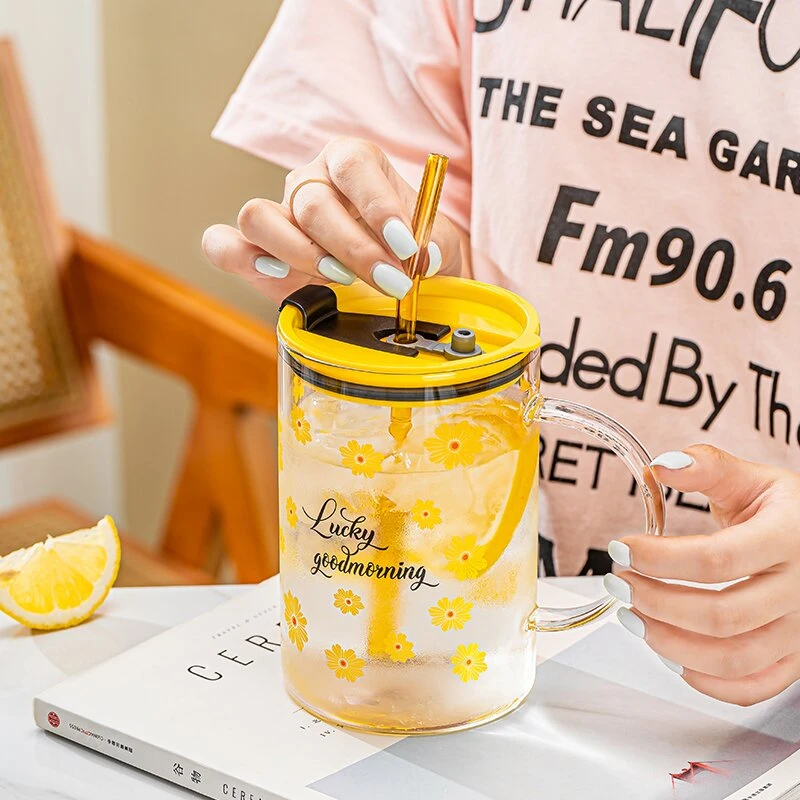 1000大容量小雏菊吸管杯办公室水杯玻璃杯带盖夏季高颜值果汁杯