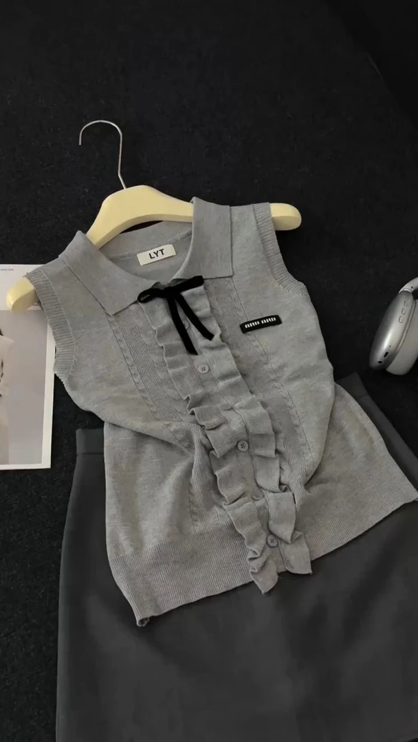 2025夏季新款法式学院风木耳边蝴蝶结针织背心女简约翻领背心上衣