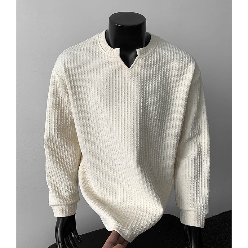 肌理感V领长袖T恤男秋季休闲百搭打底衫宽松潮流oversize简约卫衣