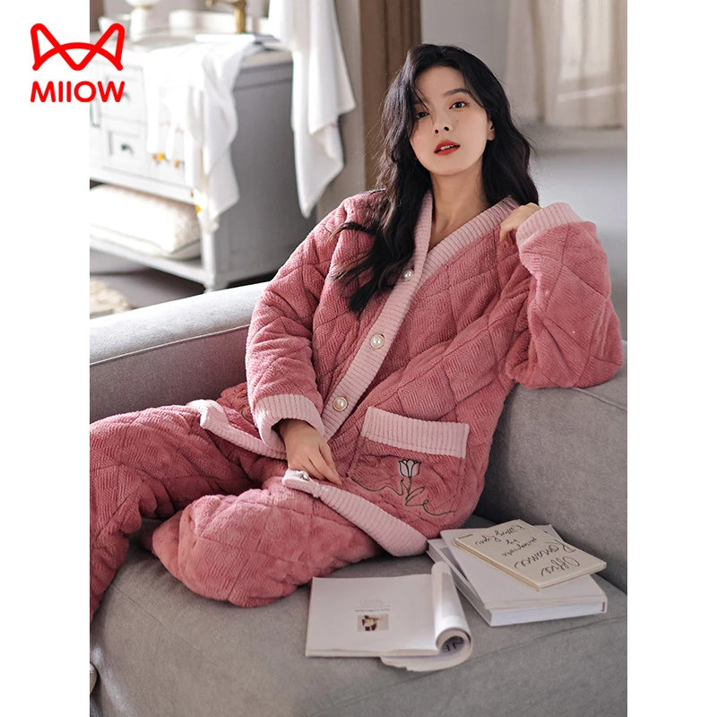 猫人秋冬季珊瑚绒睡衣女加厚加绒三层夹棉袄保暖法兰绒冬天家居服