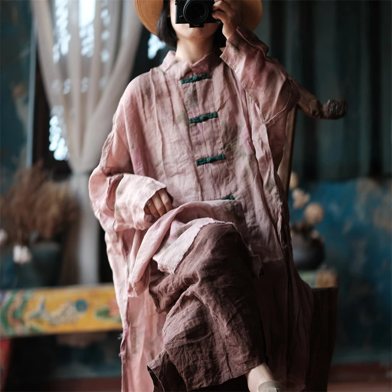 秋季新款小泥姑娘苎麻数码印花宽松文艺毛边衬衫小衫2046浮景