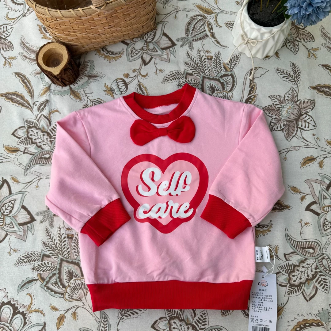 （可米熊）2025年春秋甜美女孩童装粉色卫衣立体蝴蝶结圆领卫衣