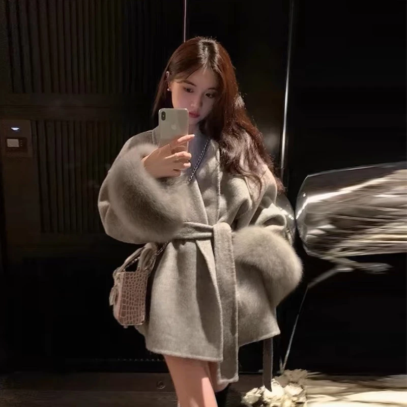 灰色双面呢子大衣女2025年秋冬季新款系带气质短款小个子毛呢外套