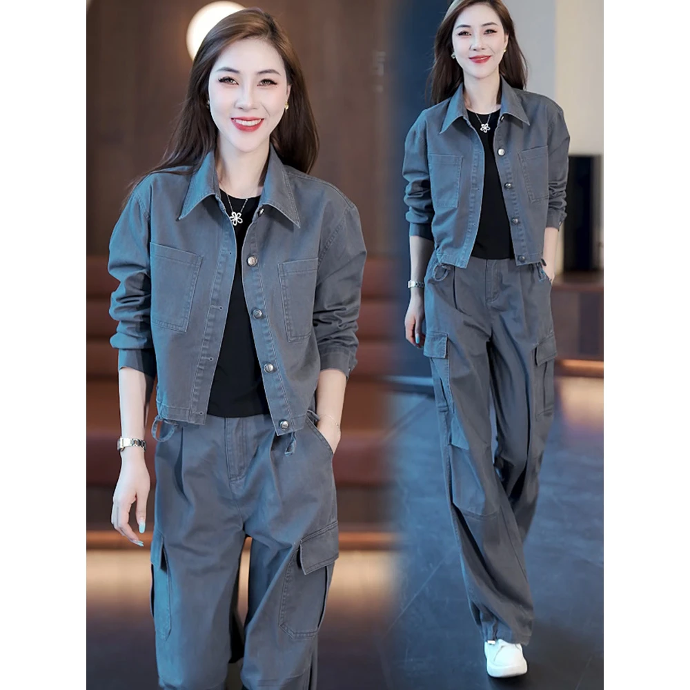 时尚牛仔套装女2025秋季新款洋气显瘦短款外套工装阔腿裤两件套潮