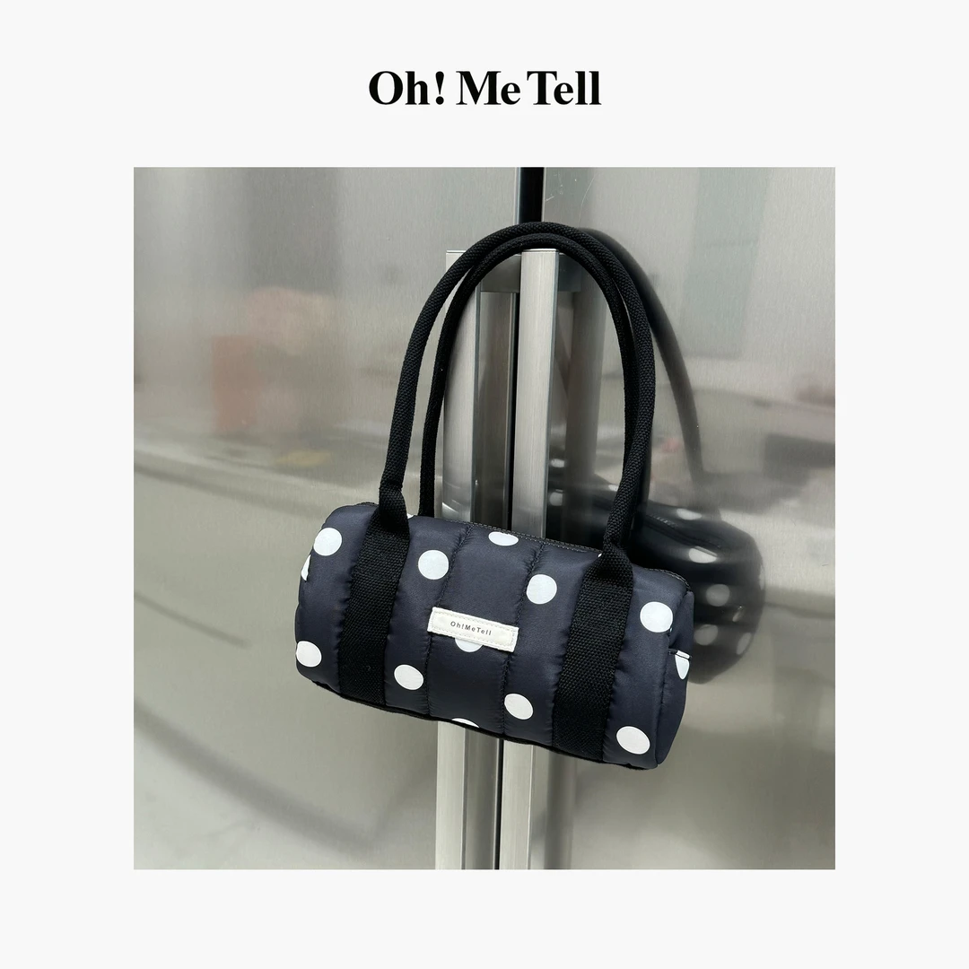 Oh！Me Tell【黑糖啵啵】黑白波点绗缝枕头包圆筒手提包单肩包腋下包