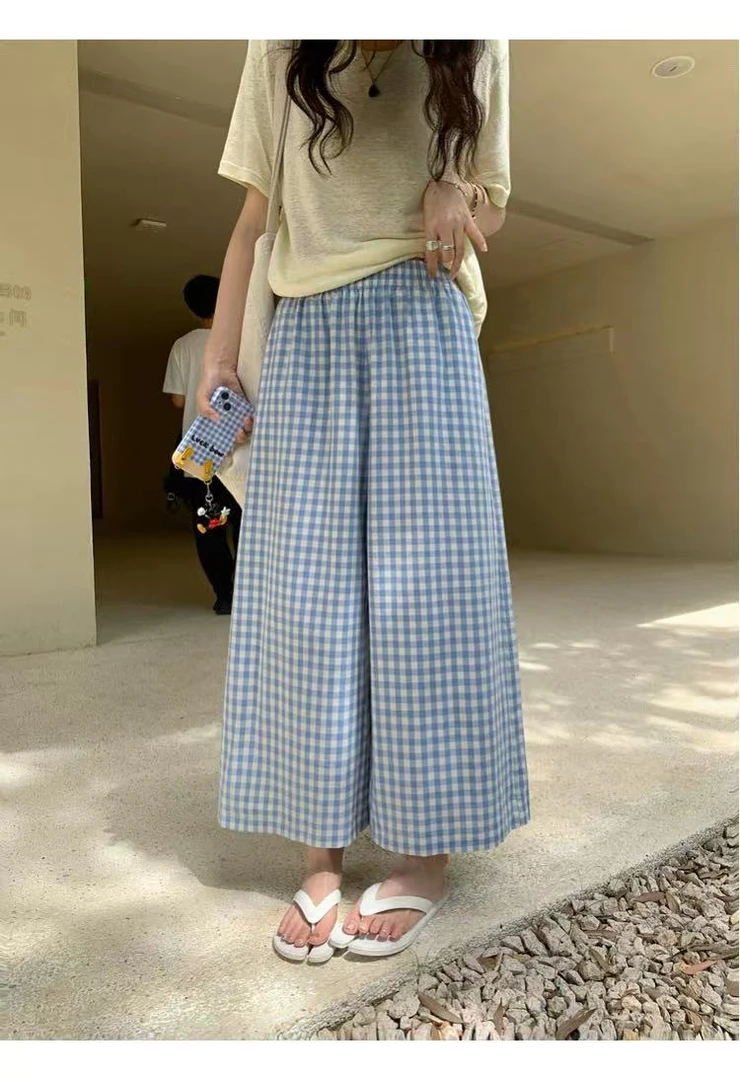 【杨嘻嘻】即墨韩版夏季高腰复古百搭休闲风薄款机能风格子裤28165