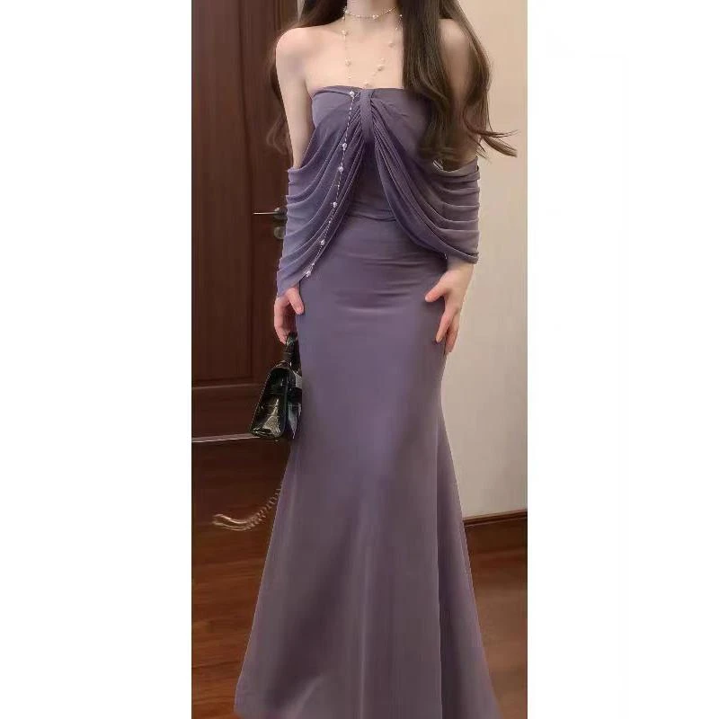 希腊风高级感紫色抹胸挂脖连衣裙设计小众收腰包臀裙海边度假长裙