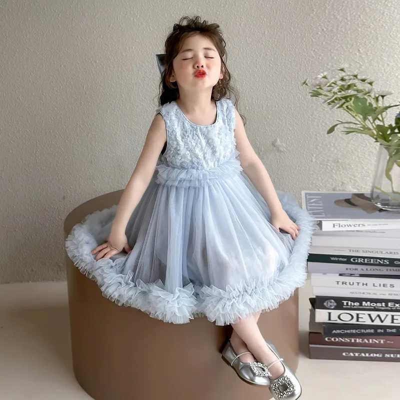 公主风女女童夏季千金风蕾丝裙子无袖公主裙A字裙宝宝连衣裙