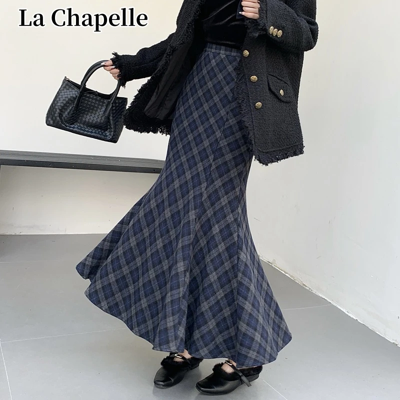 拉夏贝尔小个子高品质蓝色格子磨毛呢子半身裙女新款复古鱼尾长裙
