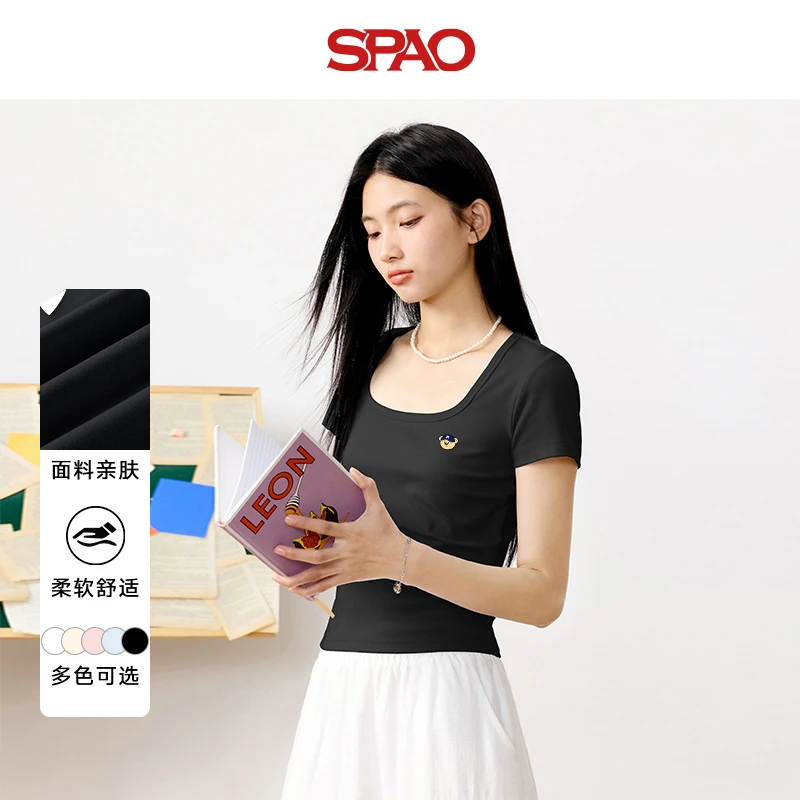 SPAO韩国同款设计感短袖女夏百搭小熊印花正肩显瘦方领短款T恤YC