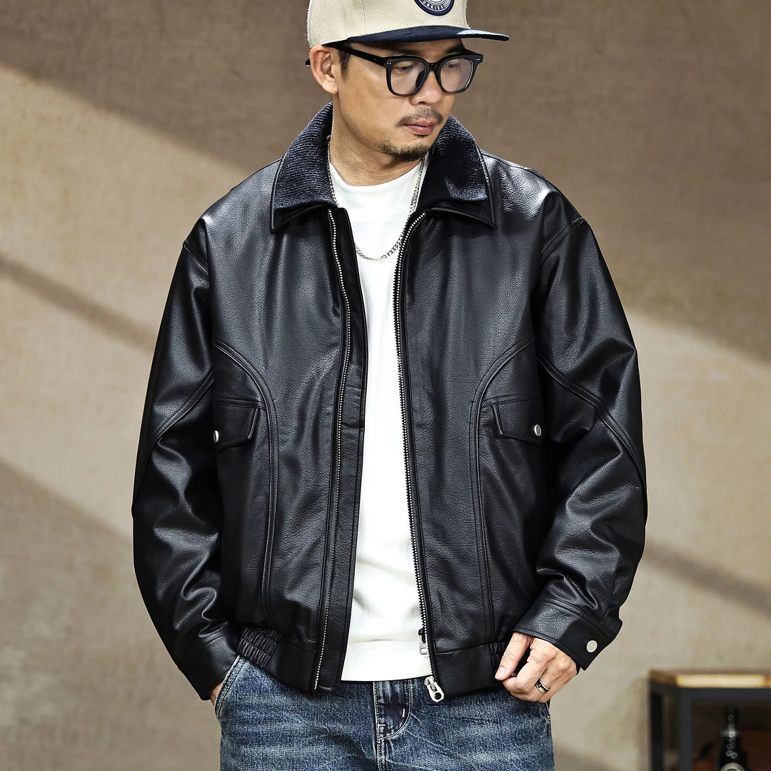 高品质90鸭绒PU皮衣羽绒服男宽松大码冬季新款翻领保暖休闲外套潮