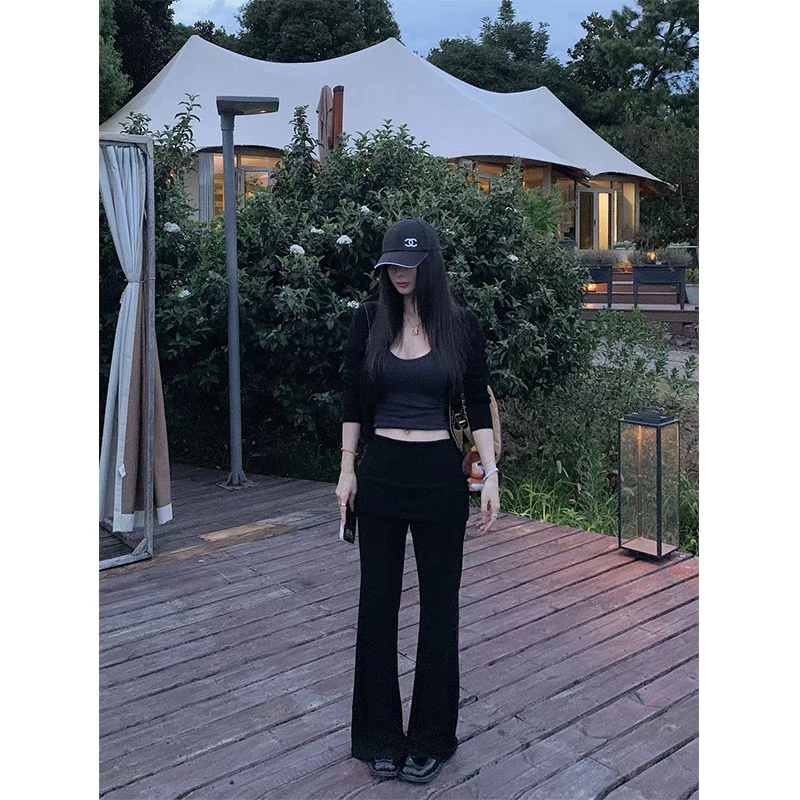 慵懒灰色长袖开衫外套吊带背心女夏季高腰休闲宽松阔腿长裤三件套