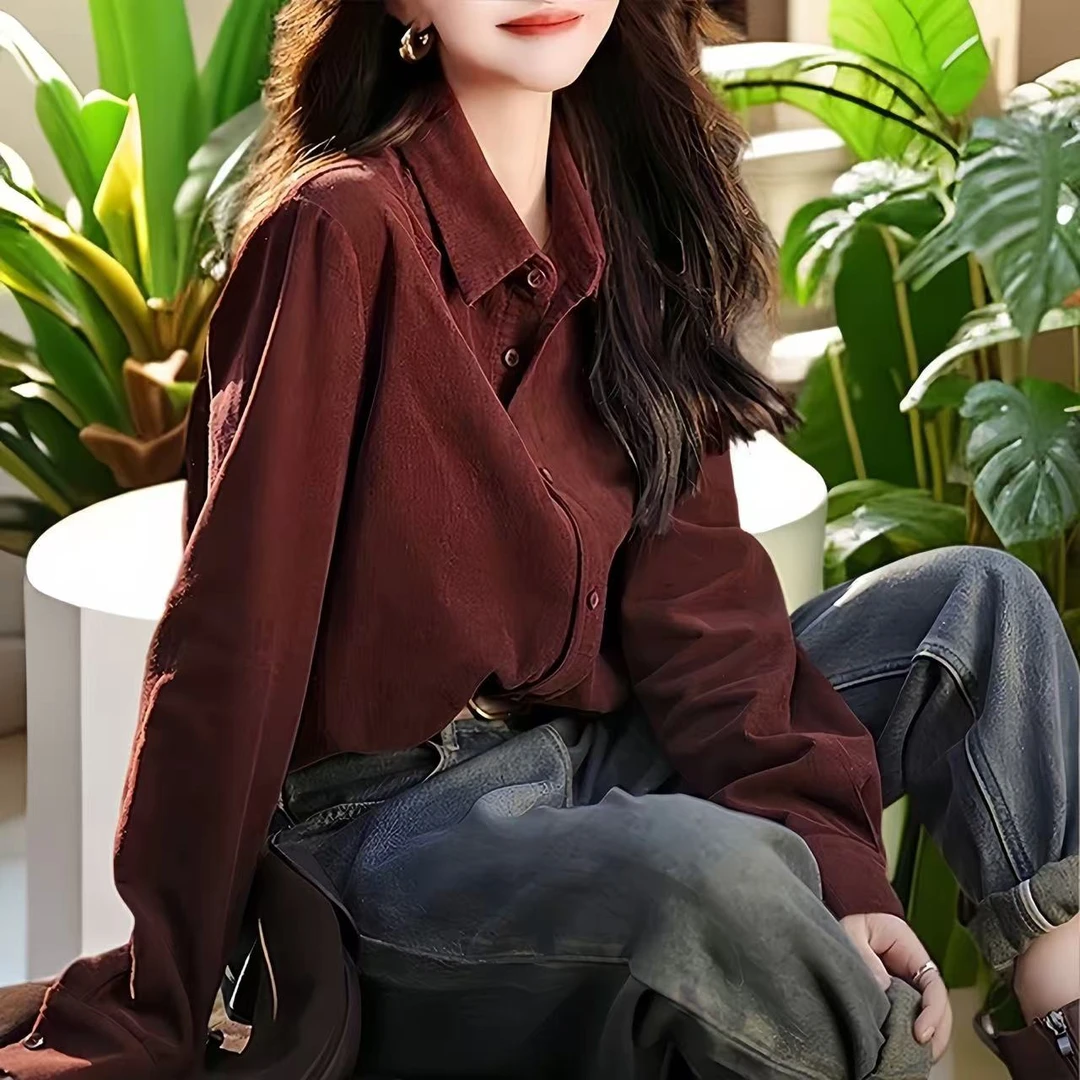 安哥拉红灯芯绒纯棉衬衫女港味复古设计感小众加厚打底衫时髦外套