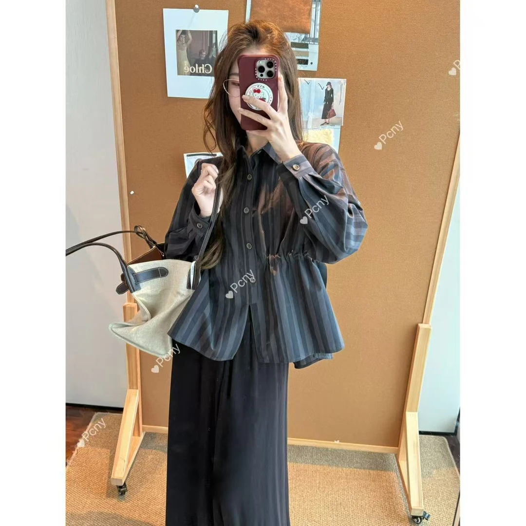 PCNY「雅灰竖纹」不理理冬季新款女装时尚百搭休闲长袖条纹衬衫