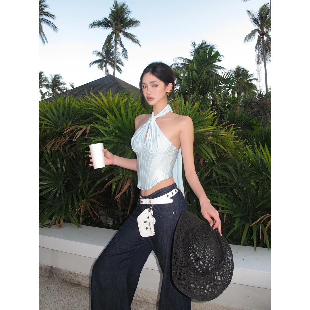 rovente 蓝色挂脖鱼骨背心设计感辣妹胸衣度假收腰外穿吊带上衣女