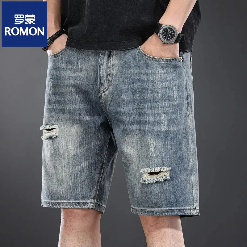 罗蒙美式潮牌破洞牛仔短裤男夏季新款复古休闲中裤男士直筒五分裤