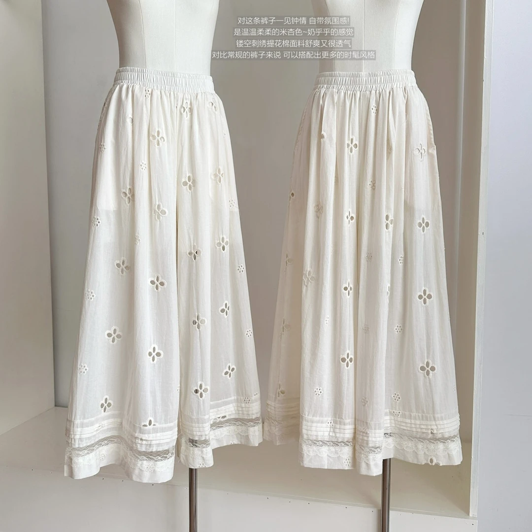设计感刺绣钩花镂空休闲裤女夏季新款时尚温柔甜美蕾丝拼接阔腿裤