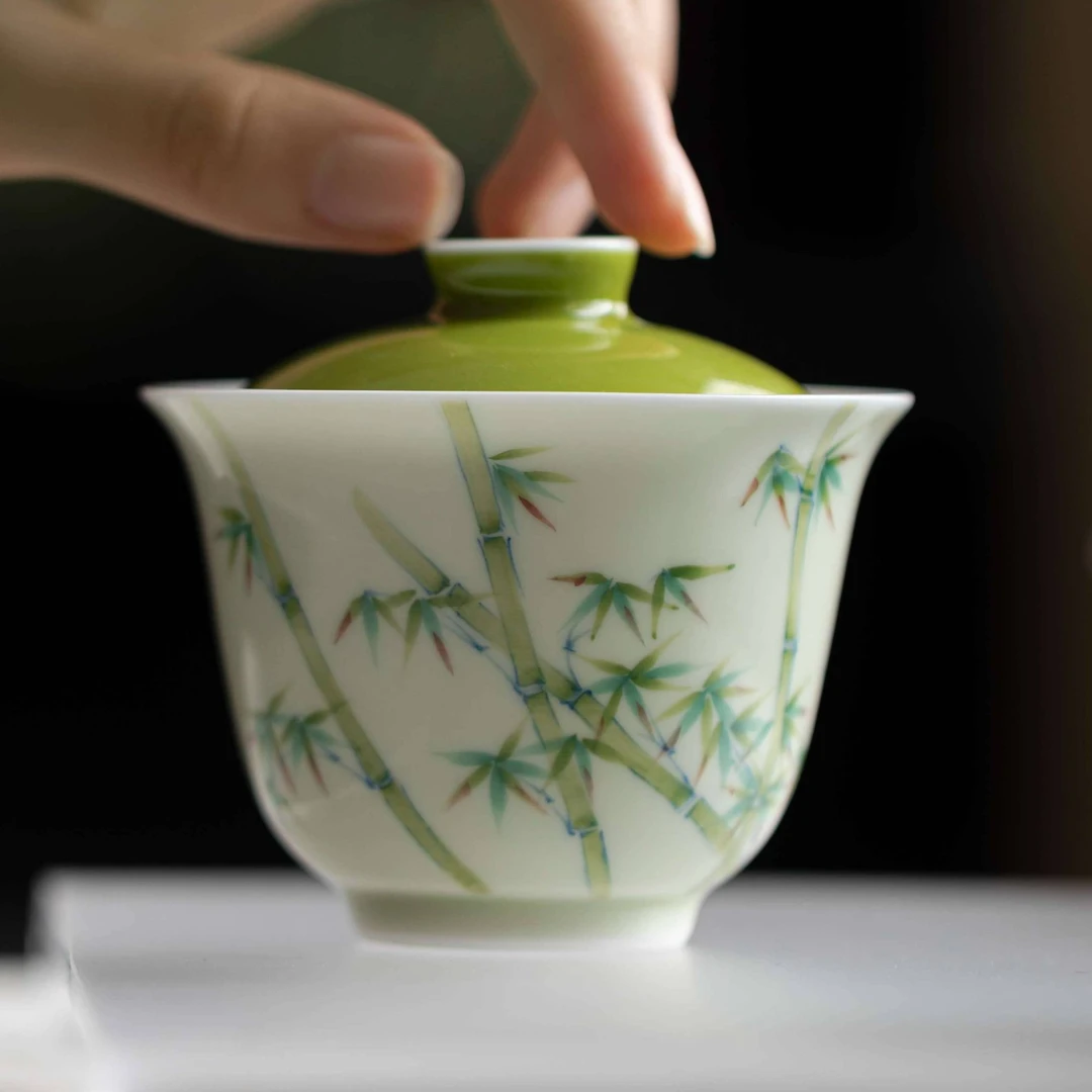 【彩竹幽幽】一念方知绿色系盖碗 竹林手绘釉下彩家用茶具