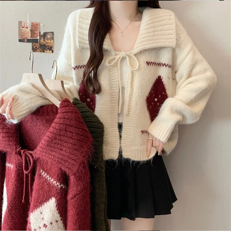 费尔岛毛衣外套女春秋冬慵懒风大翻领系带针织开衫休闲短款上衣潮
