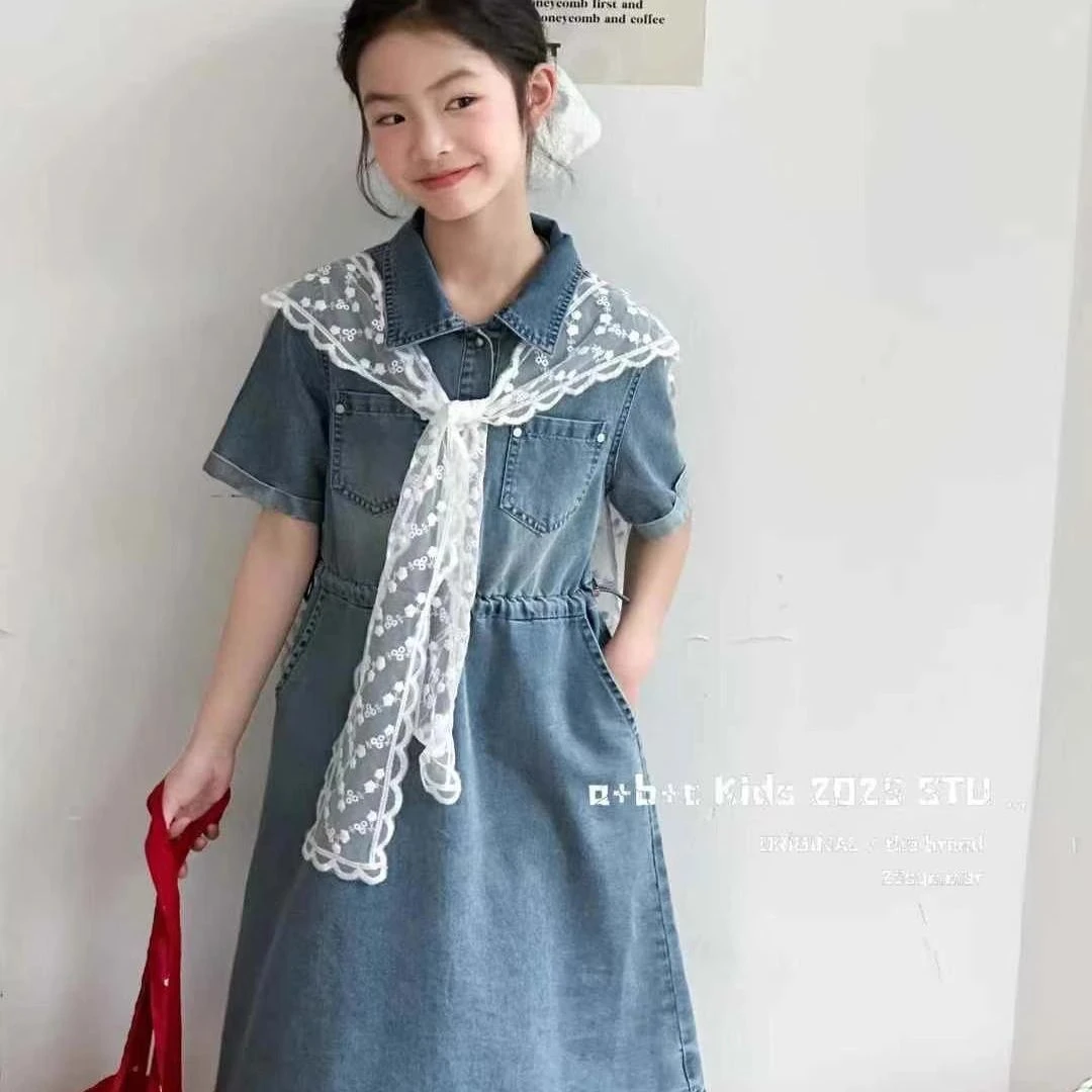 （娜宝）童装2025夏款韩版女童中大童时尚洋气百搭牛仔连衣裙含披肩