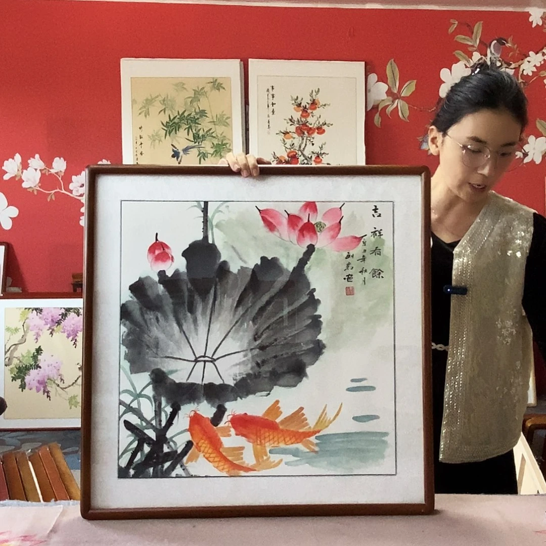 国画手写手绘带框包邮国画作品62✖️62