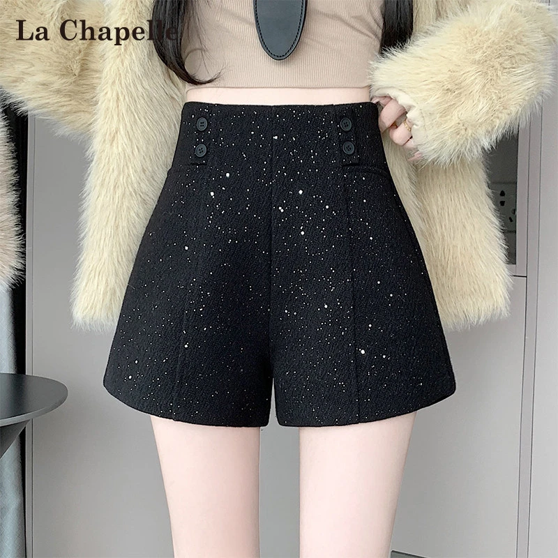 拉夏贝尔亮片毛呢西装短裤女秋冬新款高级感高腰a字外穿阔腿靴裤