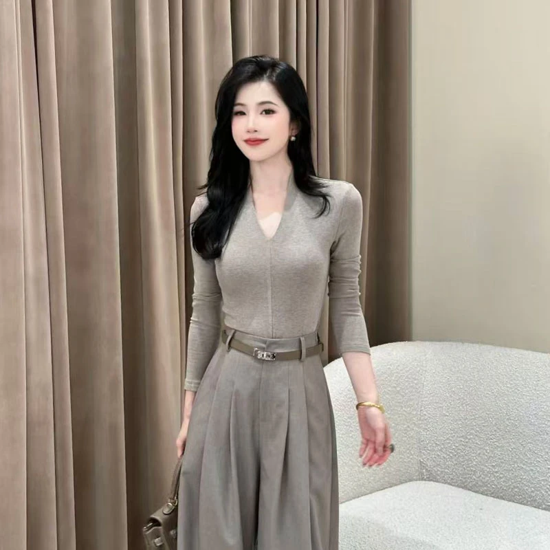 【极简T恤】高级简约V领长袖T恤女2025秋季新款百搭打底衫上衣8564