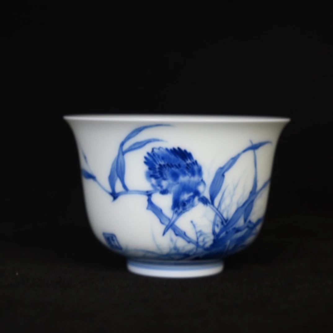 三和铭窑 仿王步青花单翠沉思杯 满容约80cc