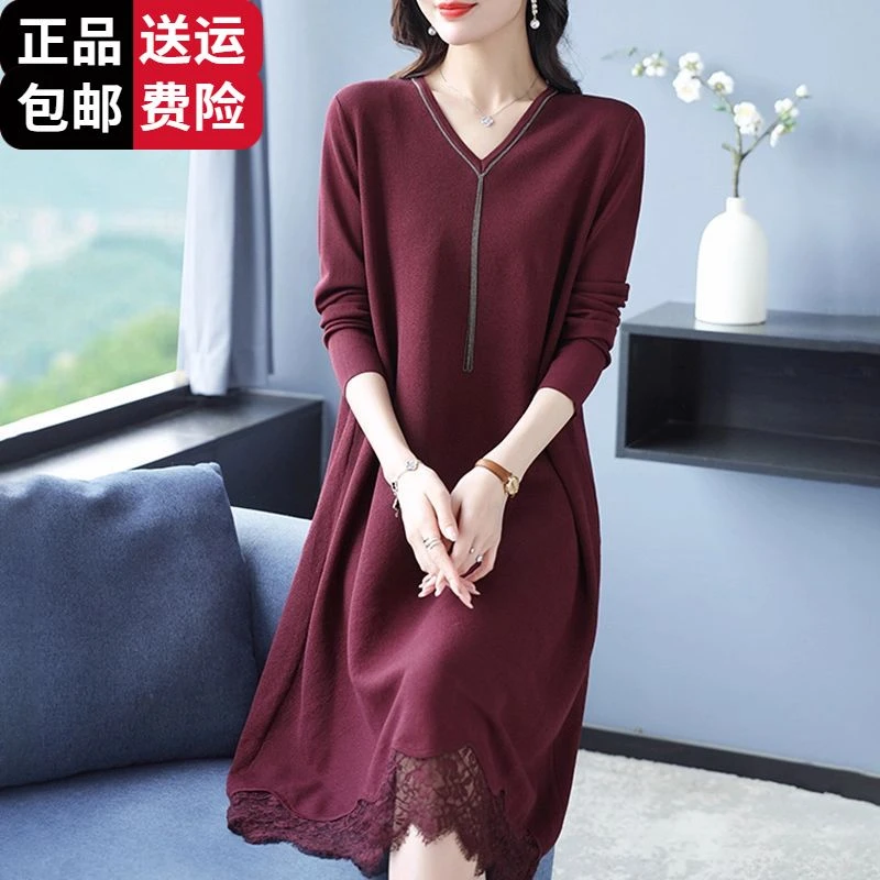 大码酒红色连衣裙女秋冬针织毛衣裙子胖MM羊毛衫遮肚毛衣