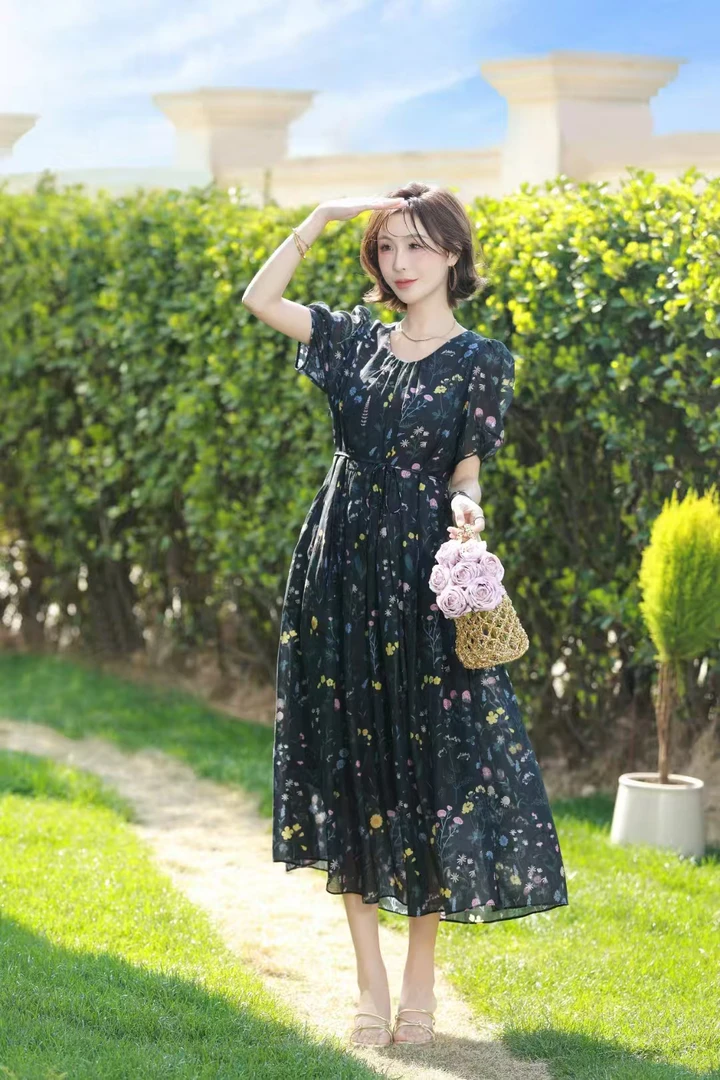 宽松显瘦碎花船长蓝连衣裙女96117